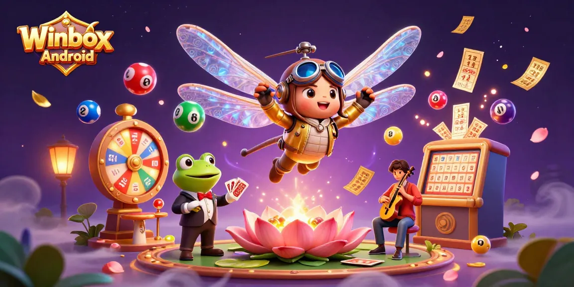 Experience gaming excitement with Winbox Android in a dynamic 3D illustration of a dragonfly pilot over a lily pad casino.