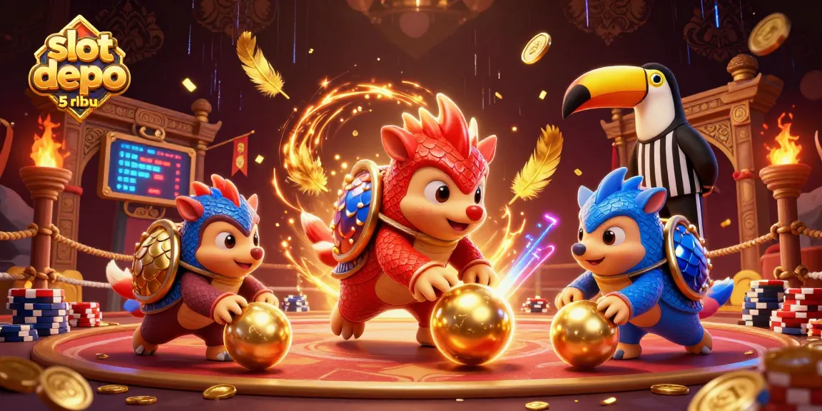 Engaging scene of rival pangolins playing slot depo 5 ribu with stacks of poker chips and golden balls.