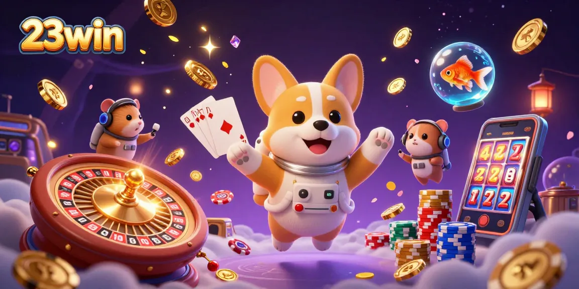 Win big at 23win with floating coins, slots, and vibrant casino elements!