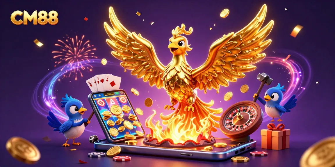 Engage with the vibrant world of CM88's casino offerings featuring a molten golden phoenix and dynamic gaming elements.
