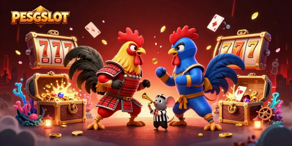 Menghadapi tantangan PESGSLOT, dua ayam jantan kartun bertarung dengan grafik mengagumkan di arena slot.