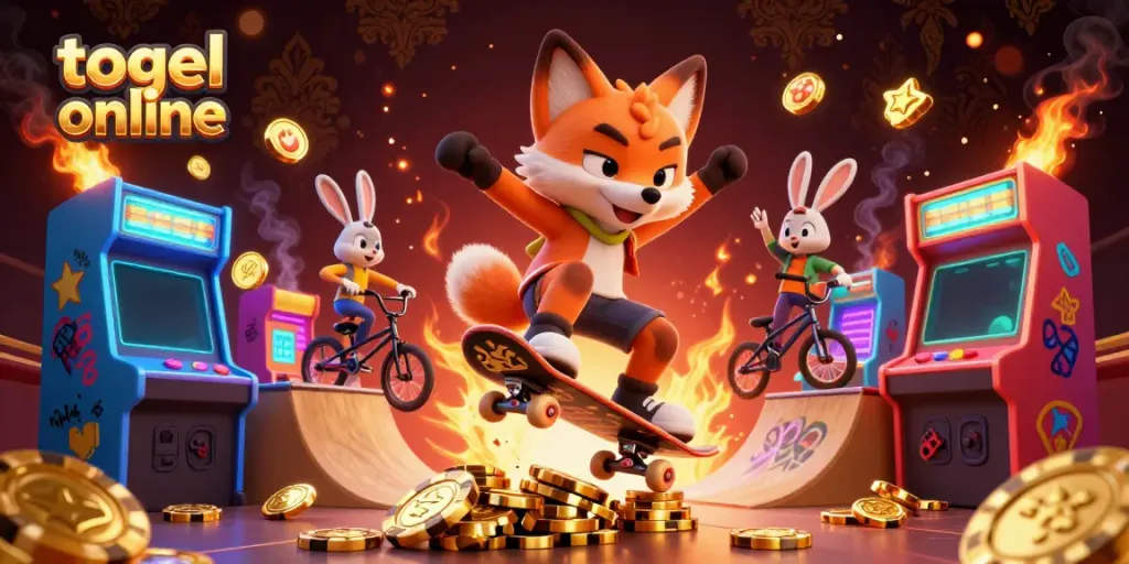 Menggali keasyikan togel online dengan karakter lucu dalam ilustrasi 3D penuh warna, menampilkan permainan dan simbol kasino.