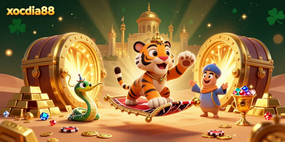 Experience thrilling gameplay at xocdia88 with a vibrant 3D illustration showcasing exciting casino elements and characters.