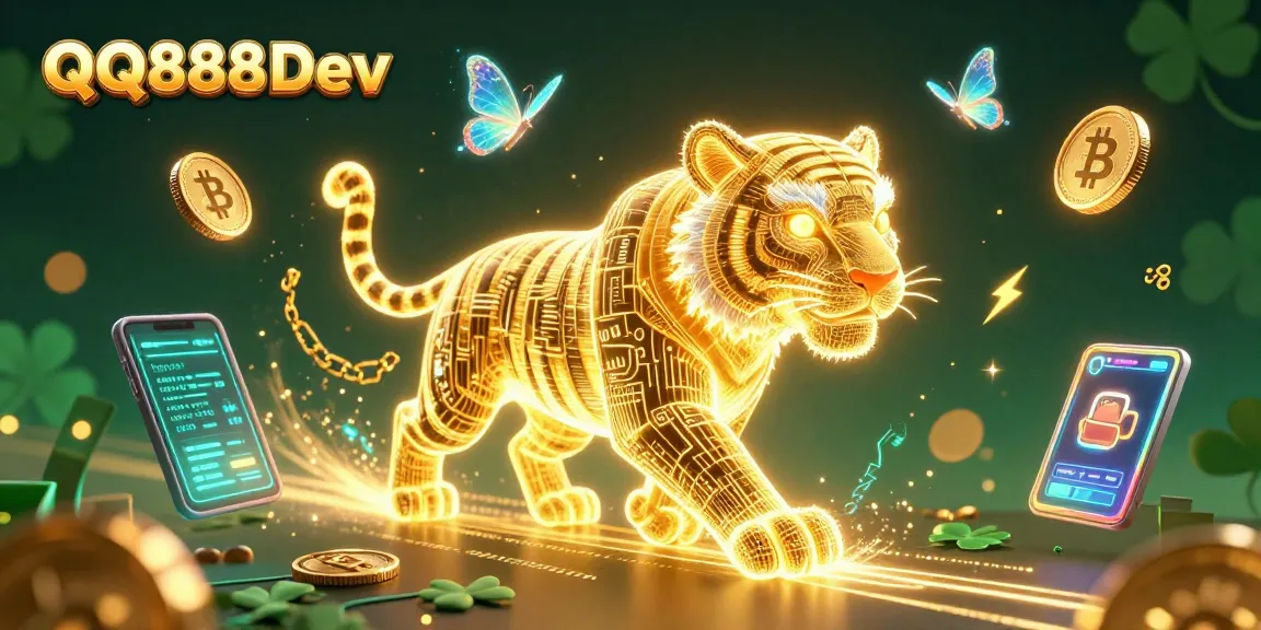 Engage with QQ888 Dev in a vibrant digital casino landscape as a golden tiger prowls, surrounded by crypto assets and game elements.