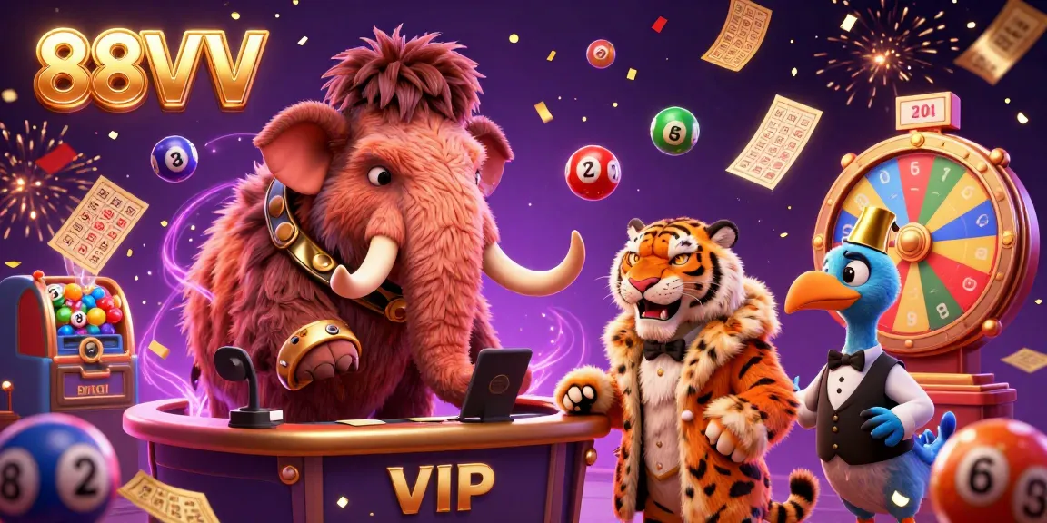 Engage with the vibrant 88VV casino scene featuring dynamic characters and playful lottery elements.