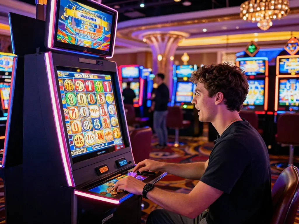 Engaging scene of a player enjoying ทดลองสล็อต at a vibrant casino filled with neon lights and excitement.