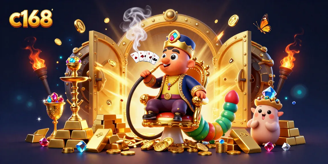 Win big at c168 while enjoying a vibrant casino scene featuring extravagant characters and treasures.