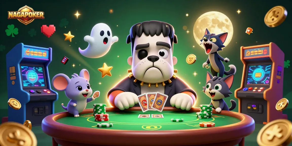 NAGAPOKER showcases an exciting scene with a Frankenstein bulldog dealer, vibrant poker elements, and ghost mice.