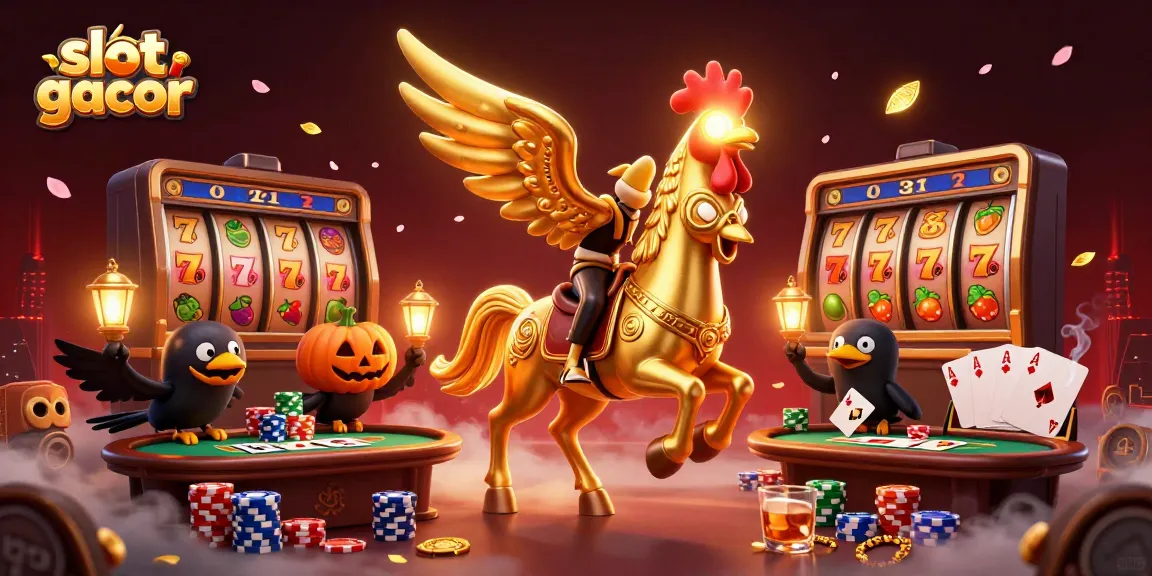 Experience slot gacor excitement with golden rooster and spectral horse amidst vibrant casino visuals