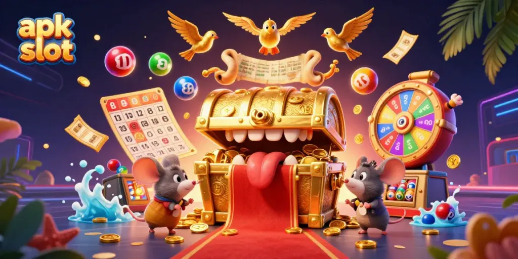 Permainan apk slot yang menarik dan menggiurkan dengan bola lotere dan hadiah penuh warna.