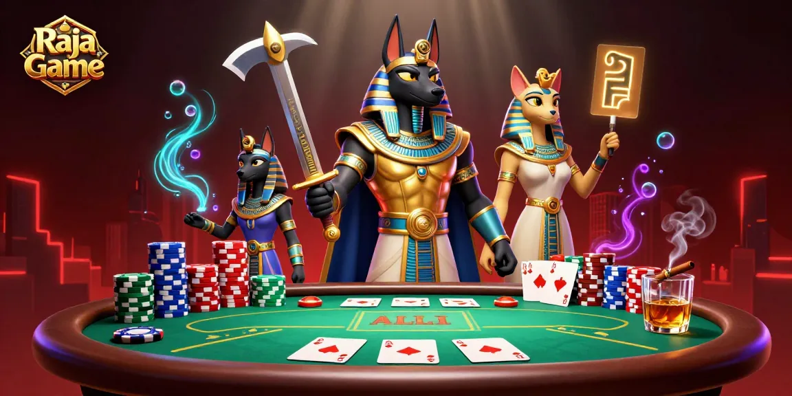 Experience thrilling gameplay with Raja Game featuring an ancient Egyptian warrior and a cat in a dynamic casino scene