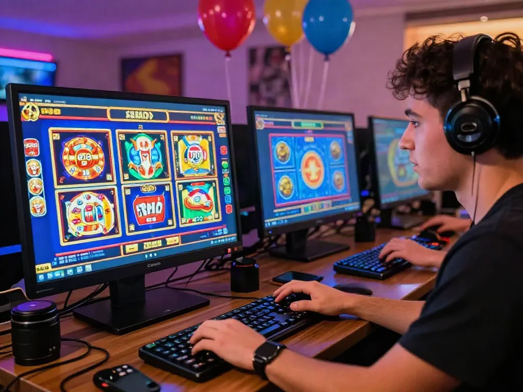 A joyful player enjoying akunjp online slot games in a vibrant home setting.