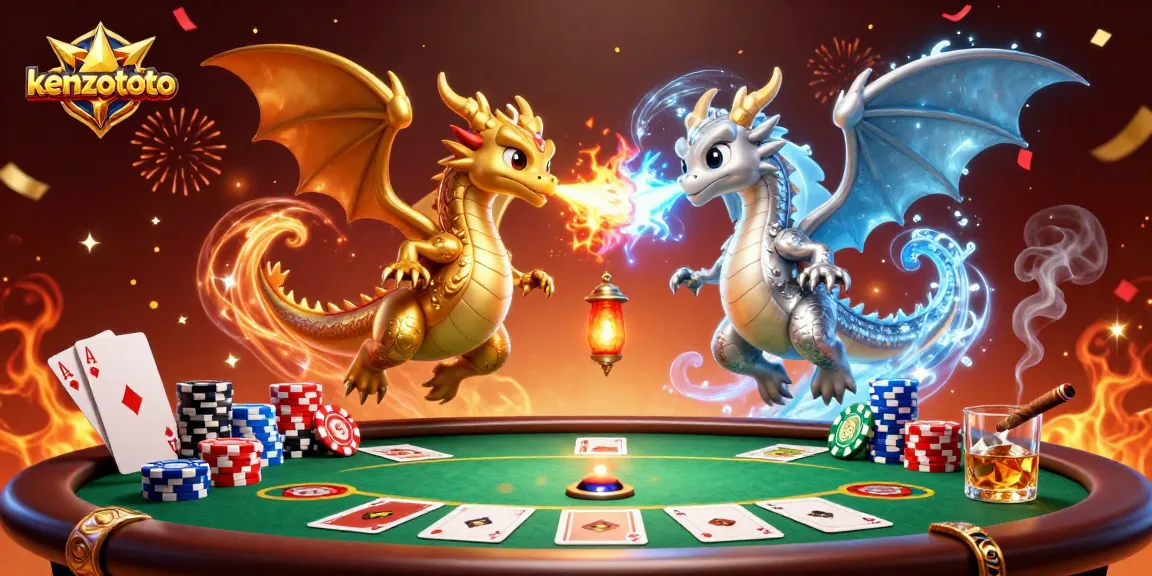 Experience thrilling gaming with kenzototo as dragons battle amidst poker action and celebration confetti.