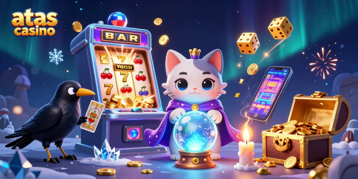 Experience winning action at atas casino with a vibrant 3D illustration bursting with games and prizes.