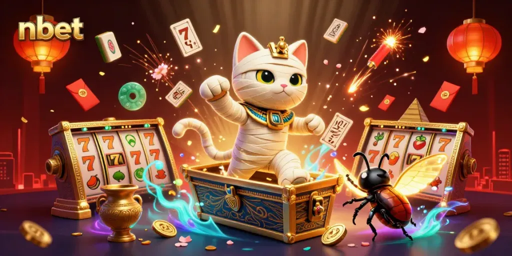 Experience nbet's exciting slots with a captivating scene of a mummy cat emerging from a sarcophagus.