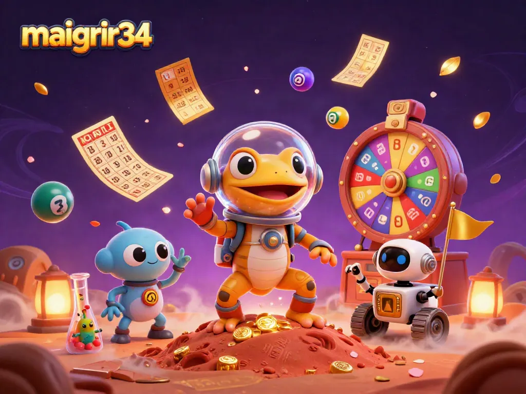 maigrir34 anime un gécko martien découvrant un casino doré avec des éléments ludiques