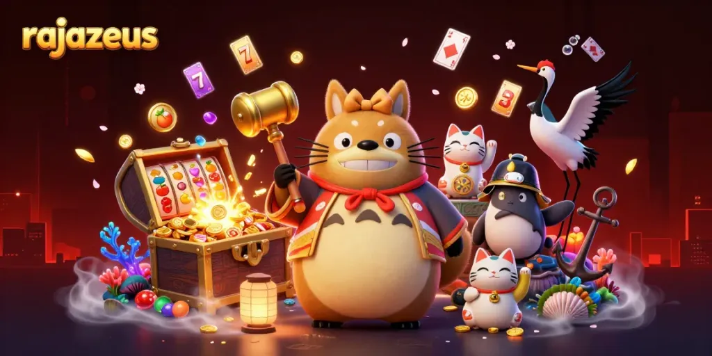 Menangkan chip besar dengan rajazeus dan simbol keberuntungan yang memikat dalam ilustrasi kasino 3D.
