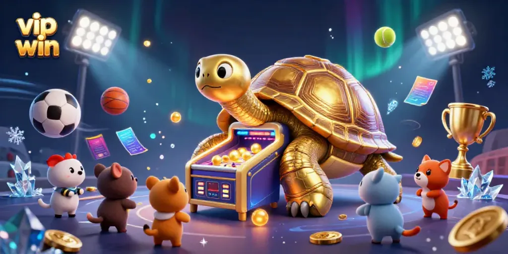 Experience the excitement of vip win with a golden tortoise pinball machine surrounded by vibrant sports elements.