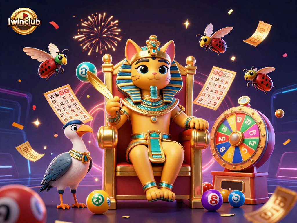 Iwinclub showcases a captivating 3D casino scene with Egyptian symbols and dynamic lottery elements.