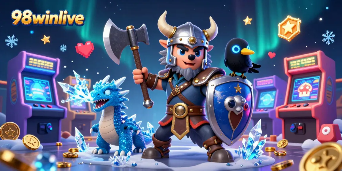 Join the adventure with 98winlive, featuring a Viking wolf warrior, fierce dragon and glowing raven amidst exciting gaming elements.