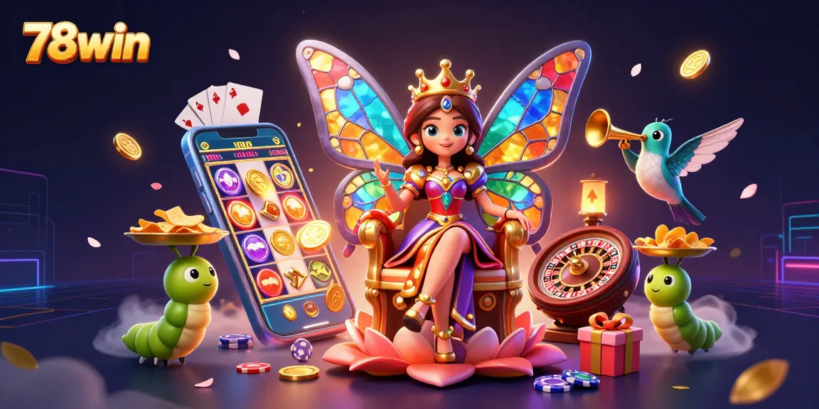Engage with 78win's vibrant gambling scene featuring a butterfly queen and dynamic casino elements.