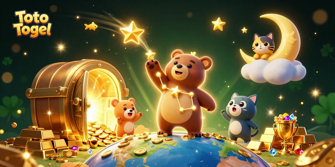 Toto Togel menyajikan ilustrasi kasino ceria dengan karakter beruang bintang dan harta berkilauan, menggoda pemain.