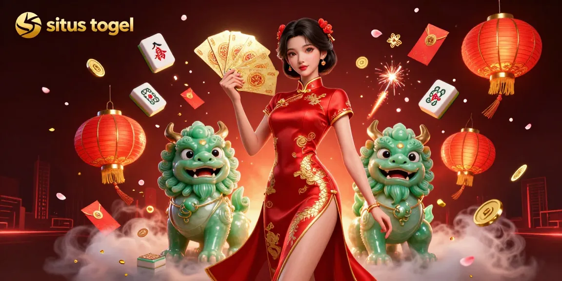 Win at situs togel with an elegant lady in a qipao, surrounded by vibrant gambling elements.