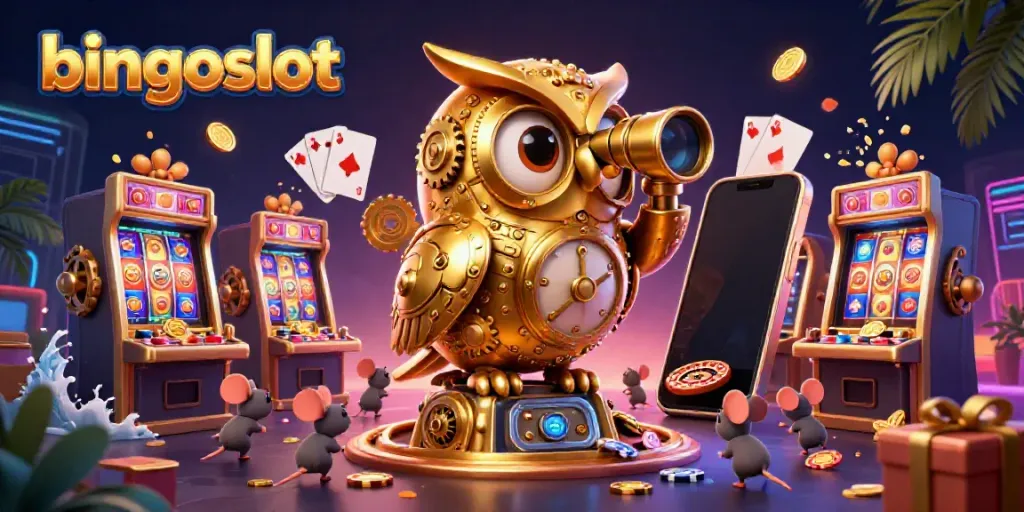 Permainan bingoslot yang menarik dengan jackpot dan kartu menang di latar belakang kasino yang berkilauan.