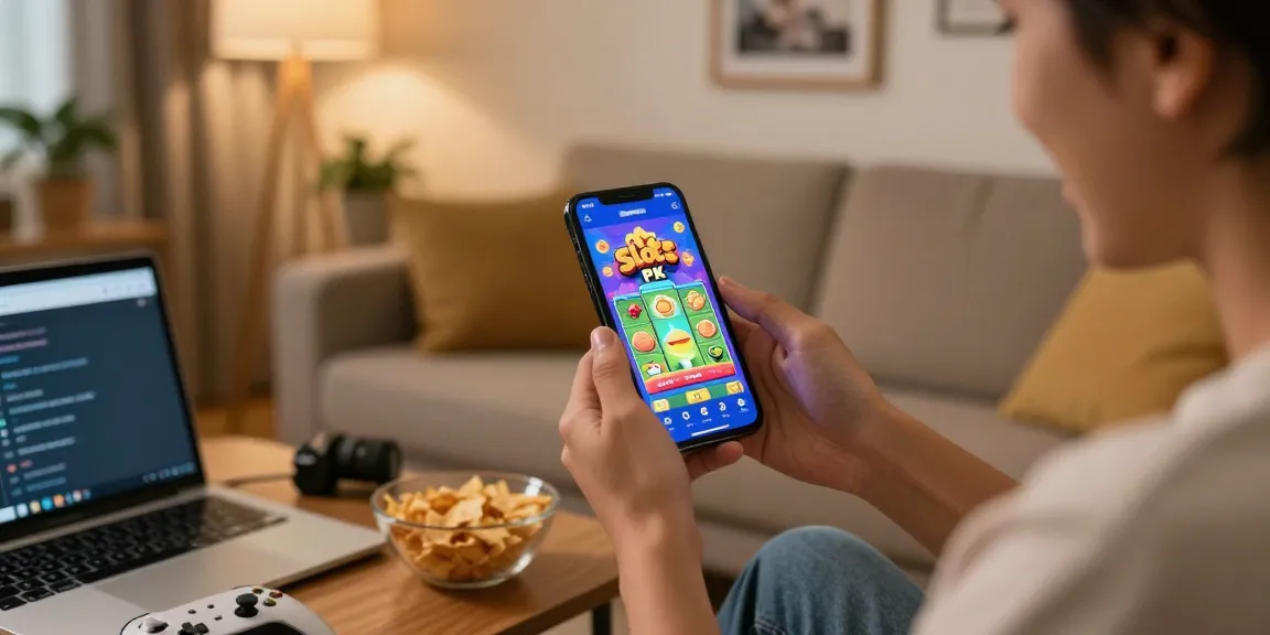 Get app for Slots PK, showing user excitedly playing in a cozy living room