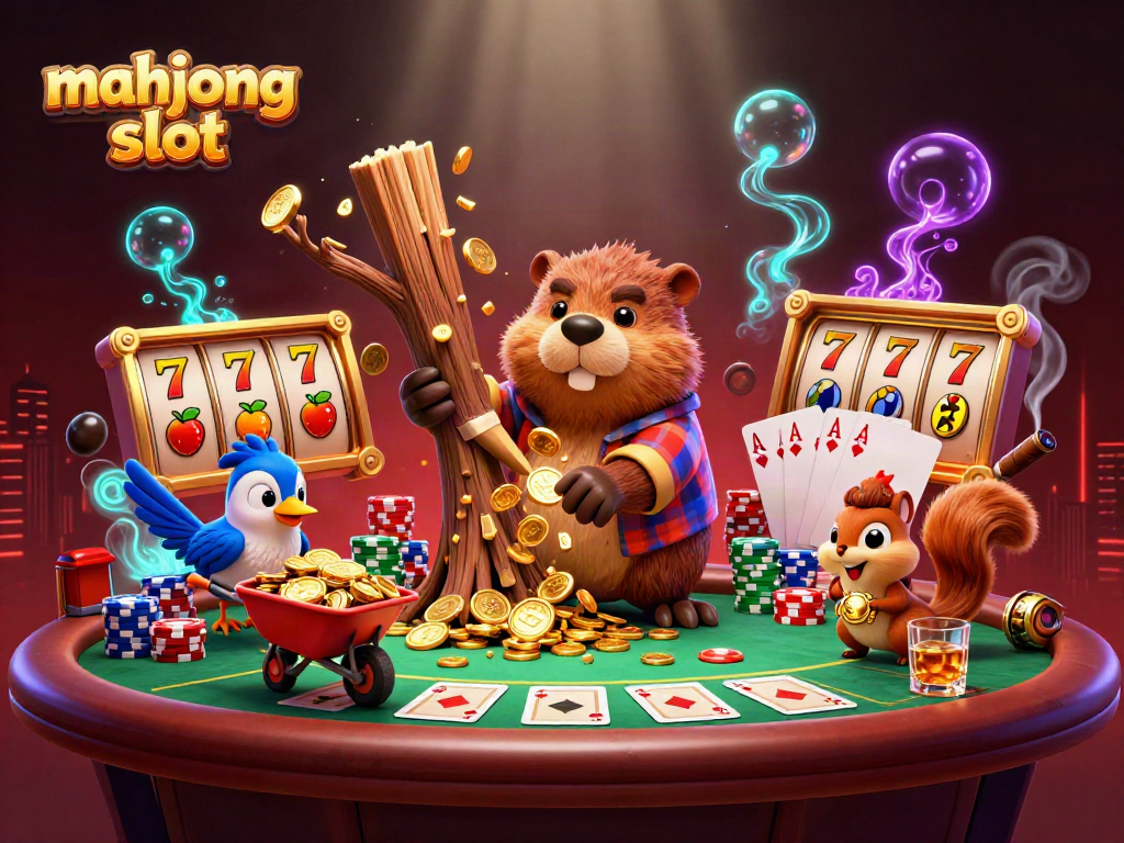 Engage with mahjong slot themes featuring a lively cartoon scene of characters collecting coins and gaming elements.