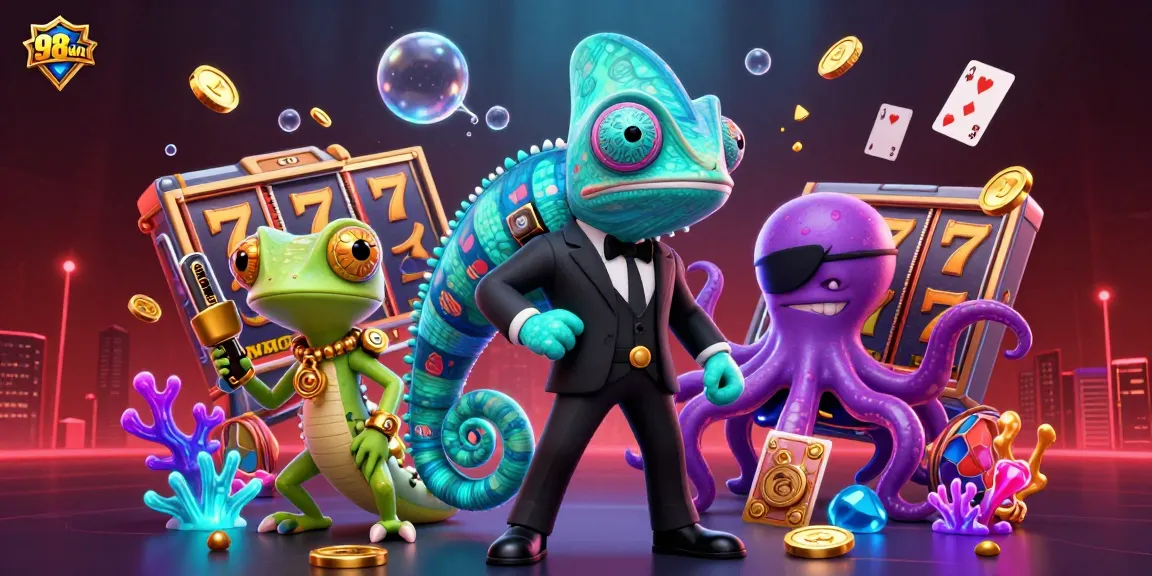 Engage in thrilling action at 98win with a vibrant 3D illustration featuring colorful slot reels and dynamic casino elements.