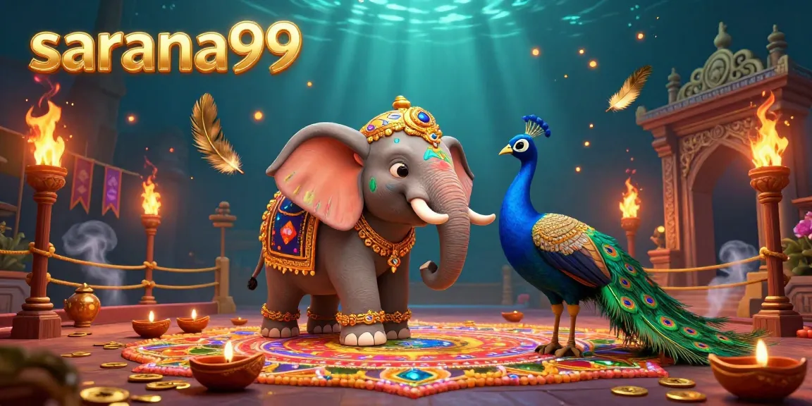 sarana99 showcases colorful online gambling excitement with a Diwali-themed elephant and peacock in a vibrant casino scene.