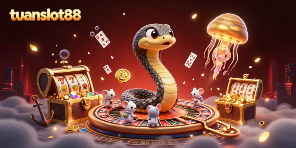 Ilustrasi 3D tuanslot88 menampilkan ular cincin Saturnus sebagai roda roulette, dengan astronaut tikus bertaruh dan harta karun di sekitarnya.