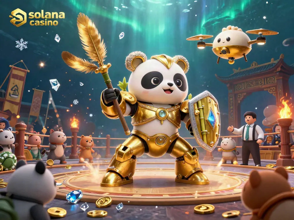 Engage with the solana casino experience featuring a vibrant mech-suit panda amidst a lively arena.