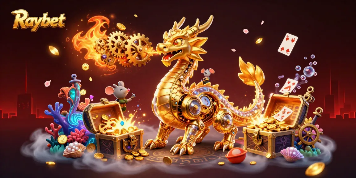 Experience thrilling wins at Raybet with a golden dragon and dazzling treasure in a dynamic casino scene.