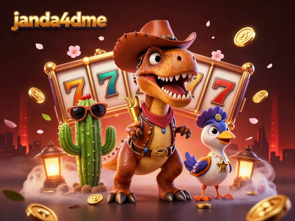 janda4dme menampilkan karakter Dinosaurus T-Rex Cowboy di kasino dengan elemen permainan slot