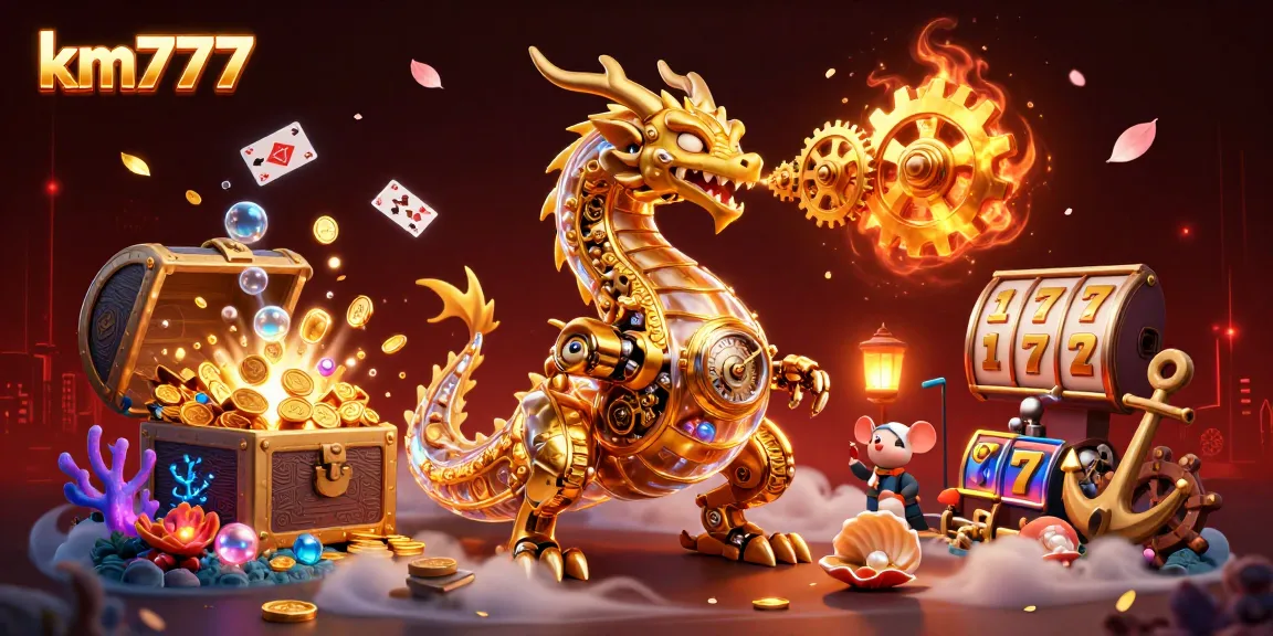 km777 casino illustration showcasing a golden dragon exhaling gears and cogs amidst vibrant gaming elements
