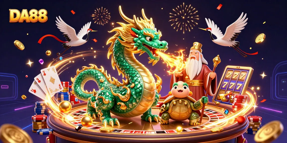 Spin to win at DA88 with vibrant casino-themed illustration showcasing fortune elements.
