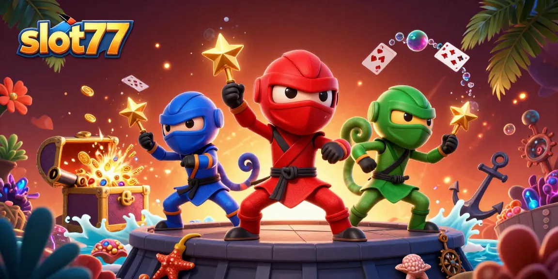 Engage with slot77 action featuring vibrant chameleons and treasures in a dynamic casino-themed scene.