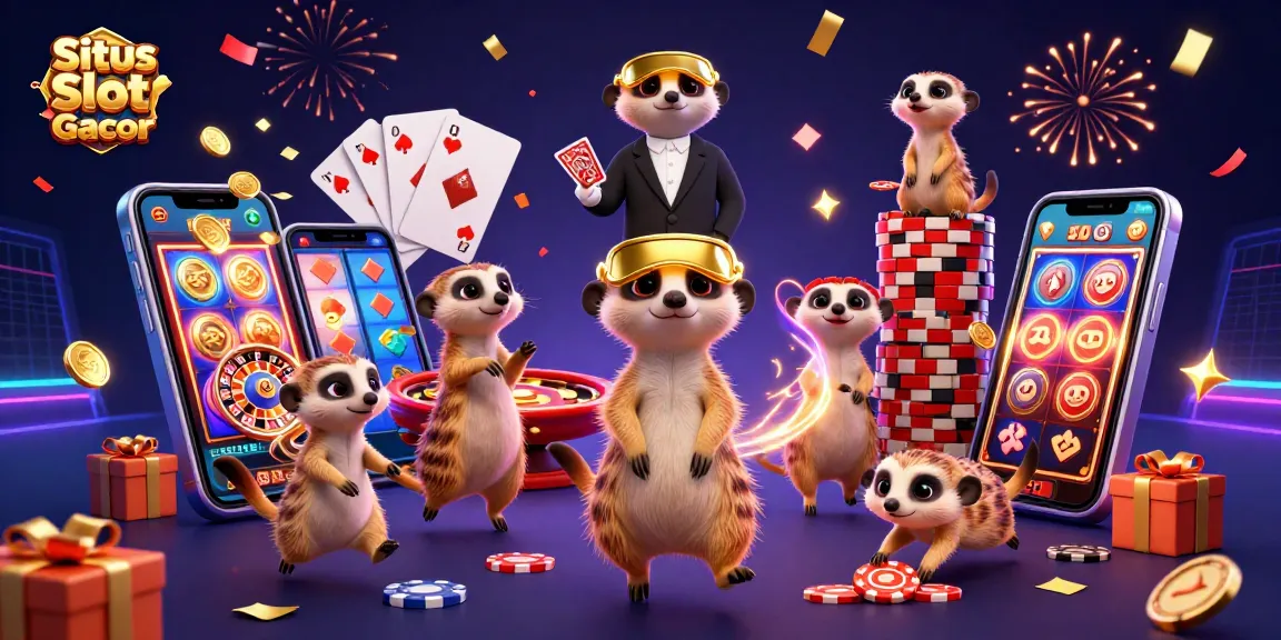Situs Slot Gacor Dewalive welcomes you with a vibrant meerkat casino scene featuring lively game elements.