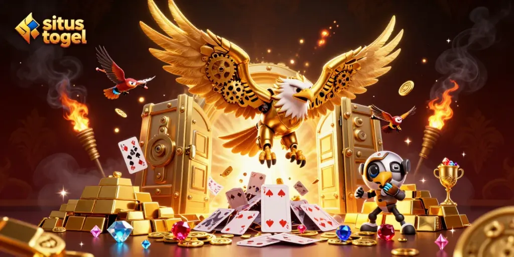 Experience winning moments at situs togel with cybernetic eagle and treasure-rich casino elements.