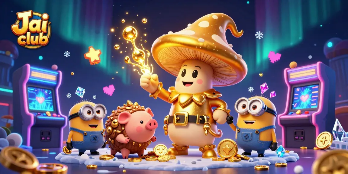 Experience exciting gaming moments with Jai club's whimsical illustration featuring magical characters and nostalgic game elements.