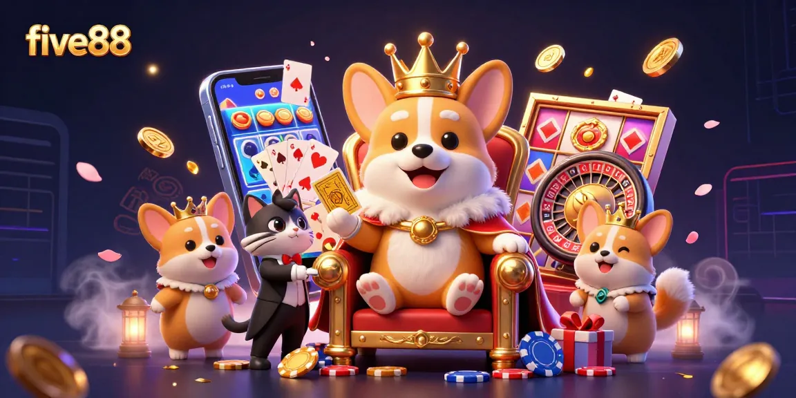 Experience gaming with five88's royal corgi on a throne of poker chips amidst vibrant casino elements.
