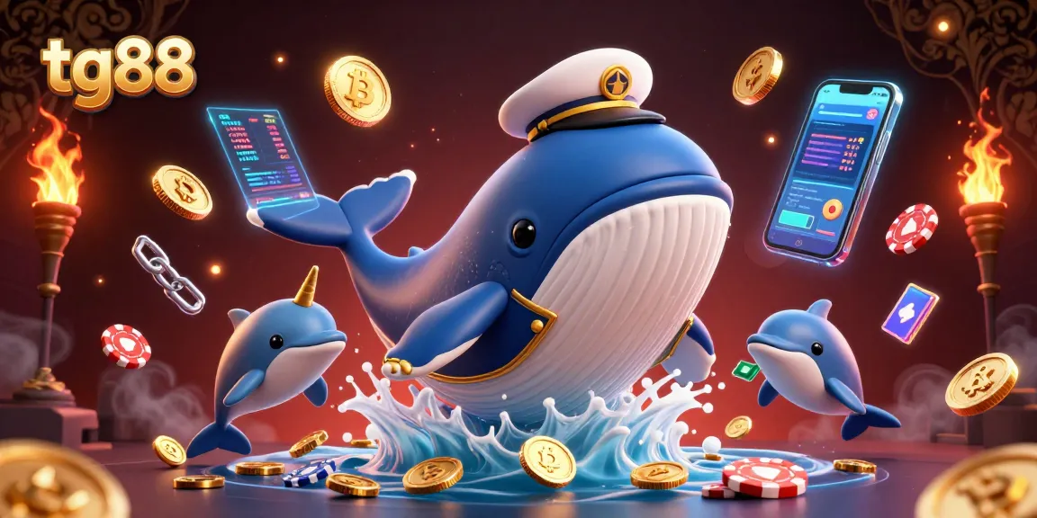 Experience tg88's vibrant casino world with a cartoon whale amid coins and poker chip dolphins.