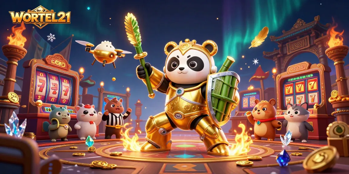 Engage in exciting WORTEL21 casino action with a vibrant illustration of gambling characters and elements.