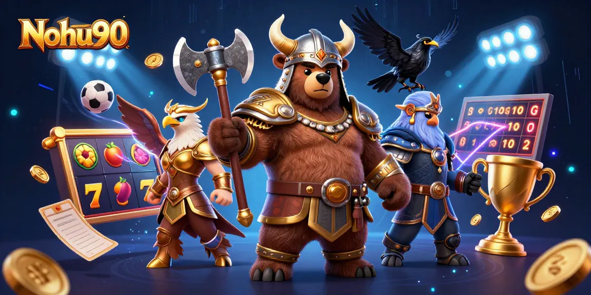 Nohu90 combines Viking-themed characters in a vibrant online gambling scene with dynamic elements.