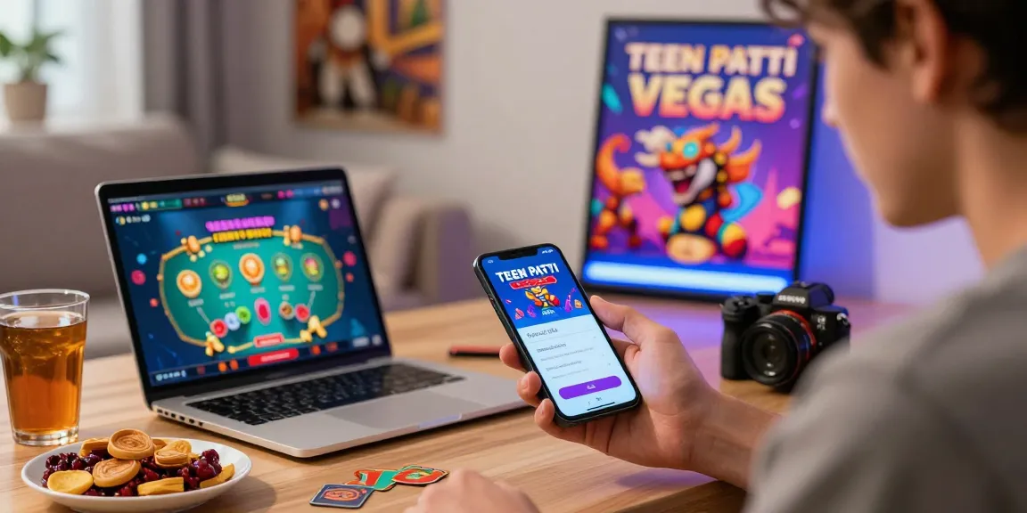Excited gamer signing up for Teen Patti Vegas app on Android, with colorful casino game graphics and cozy home environment.