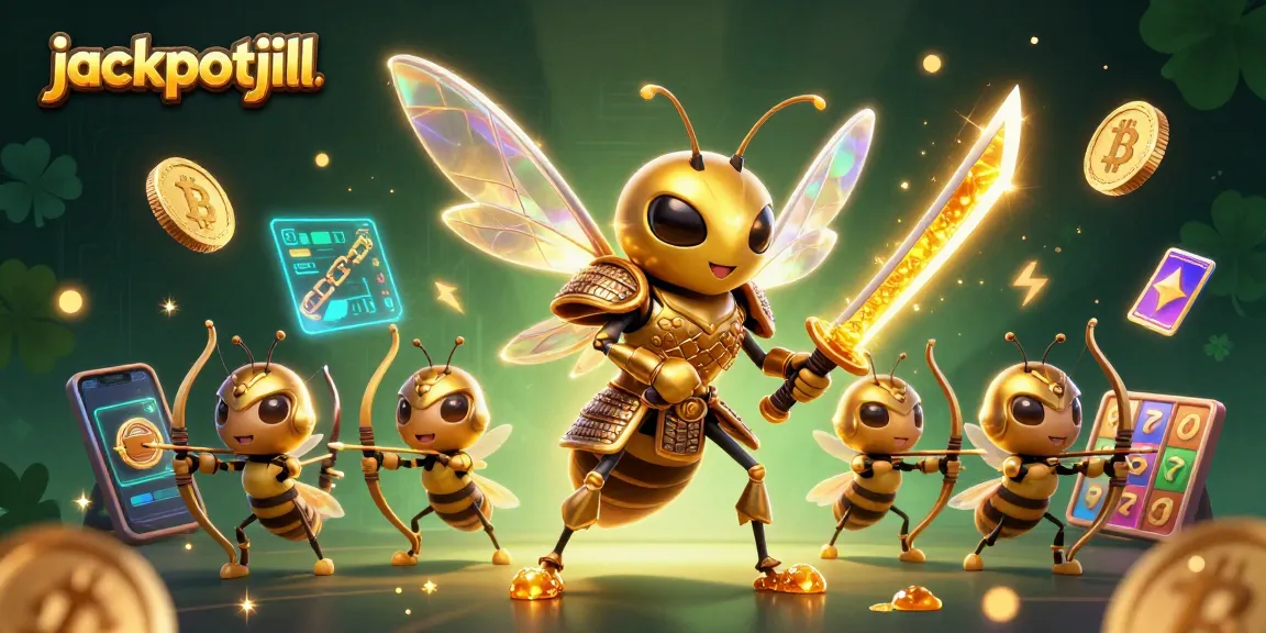 Engage with jackpotjill's dynamic casino scene featuring vibrant characters, cryptocurrency, and slot elements.