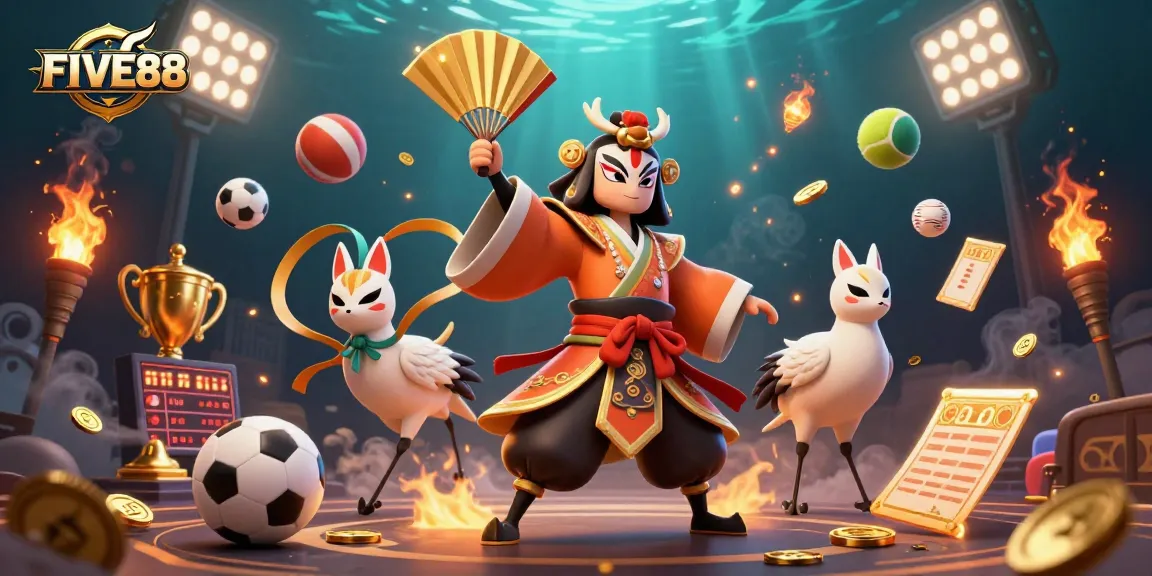 Experience the excitement of FIVE88 with dynamic sports elements and thrilling characters in a vibrant casino setting.