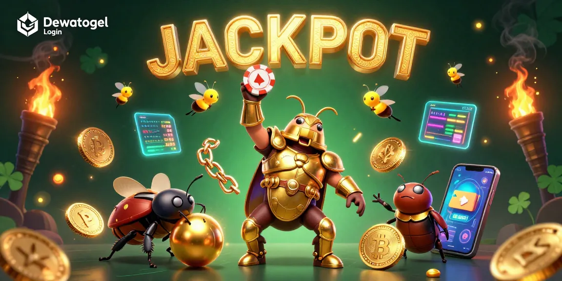Dewatogel Login showcases a victorious beetle amid vibrant casino elements, emphasizing exciting gaming!
